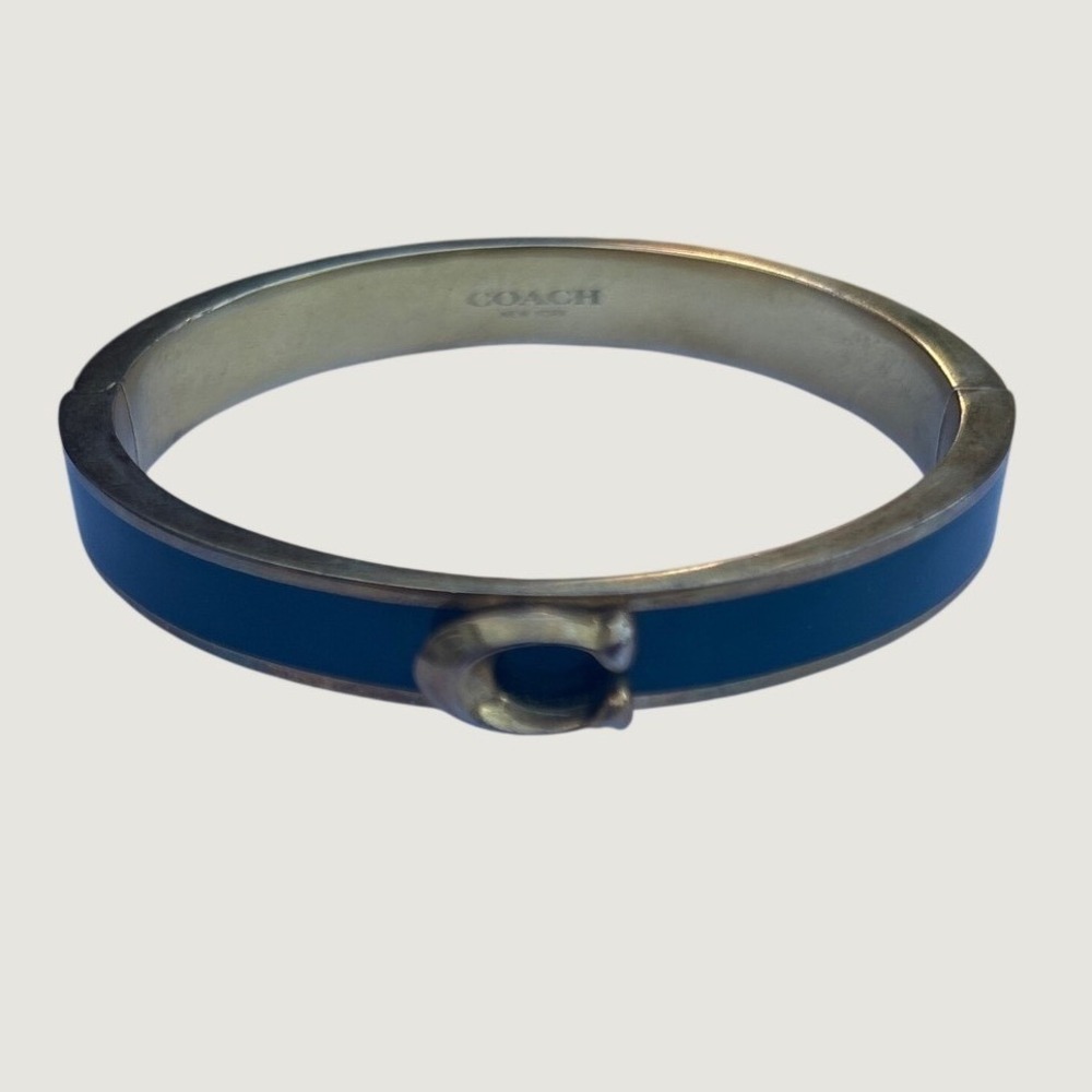 Coach Signature C Enamel Hinged Bangle Bracelet Teal Gold Tone with Dust Bag